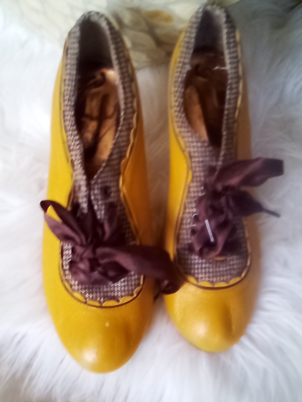 Poetic License Yellow Lace-Up Heels with Tweed Trim and Brown Ribbon